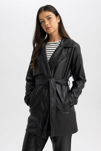 Regular Fit Faux Leather Trenchcoat