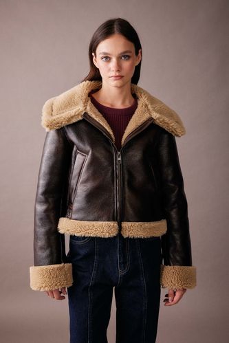 Relax Fit Faux Fur Lined Faux Leather Faux Leather Jacket