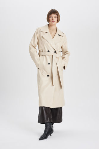 Waterproof Regular Fit Faux Leather Trench Coat