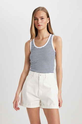 Fitted U Neck Striped Ribbed Camisole Cop Top