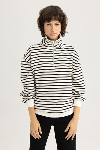 Standard Fit Striped Half Zipper Sweatshirt