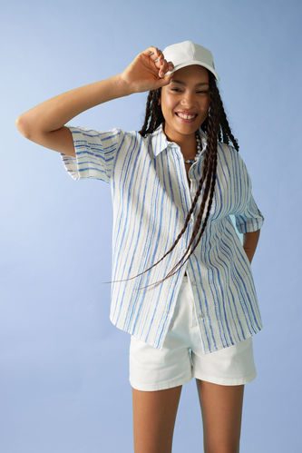 Oversize Fit Shirt Collar Printed Muslin Short Sleeve Shirt