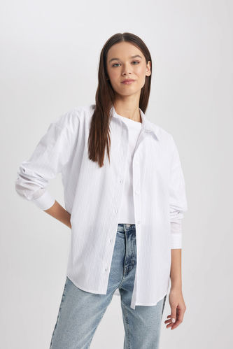 Oversize Fit Shirt Collar Voile Printed Long Sleeve Shirt