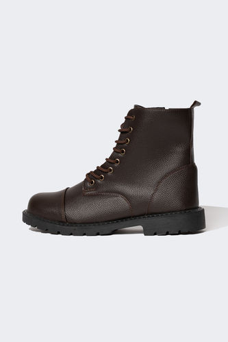 Man Lace-Up and Zippered Faux Leather Boots