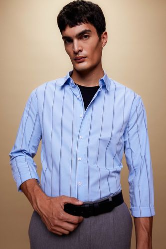 Modern Fit Polo Collar Woven Striped Long Sleeve Shirt