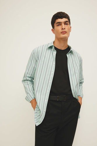 Modern Fit Polo Collar Woven Striped Long Sleeve Shirt