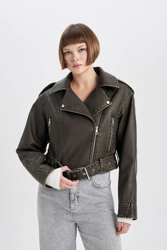Relax Fit Belted Faux Leather Jacket