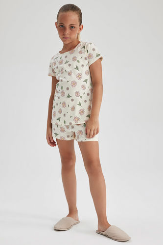 Kız Çocuk Çiçekli Kısa Kollu Şortlu Pijama Takımı