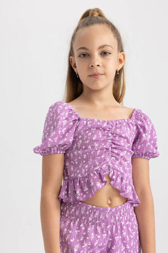 Kız Çocuk Crop Top Bürümcük Kısa Kollu Tişört