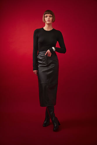 Pencil Skirt Faux Leather Normal Waist Midi Knitted Skirt
