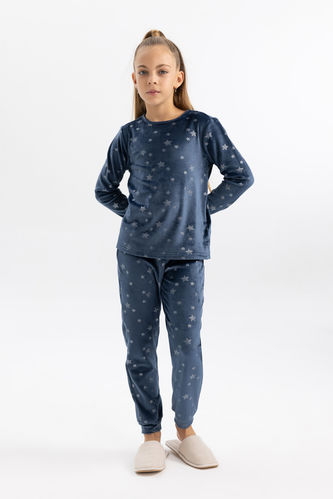 Kız Çocuk Desenli Uzun Kollu Kadife Mini Me Pijama Takımı