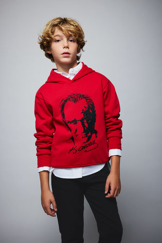 Erkek Çocuk Atatürk Baskılı Kırmızı Kapüşonlu Sweatshirt