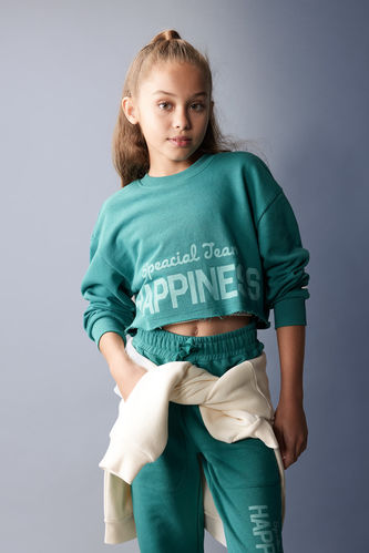 Kız Çocuk Crop Bisiklet Yaka Baskılı Sweatshirt