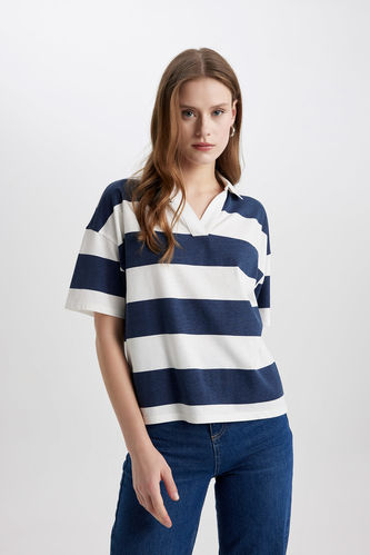 Relax Fit Polo Collar Striped Short Sleeve Polo T-Shirt