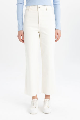 Culotte Yüksek Bel Paça Ucu Kesik Bilek Boy Beyaz Jean Pantolon