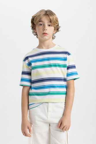 Boy Regular Fit Crew Neck Striped Flared Cotton T-Shirt