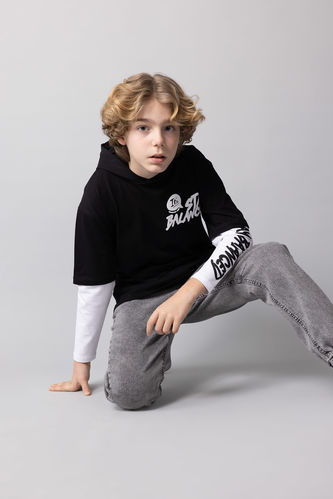 Erkek Çocuk Oversize Fit Kapüşonlu Baskılı Uzun Kollu Tişört