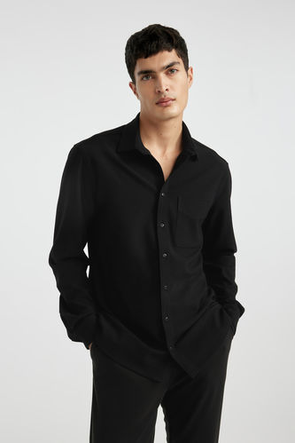 Regular Fit Polo Collar Crinkle Long Sleeve Shirt