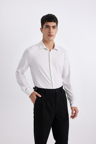 Slim Fit Polo Collar Striped Long Sleeve Shirt