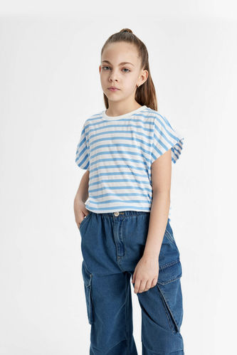 Kız Çocuk Oversize Fit Çizgili Kısa Kollu Tişört