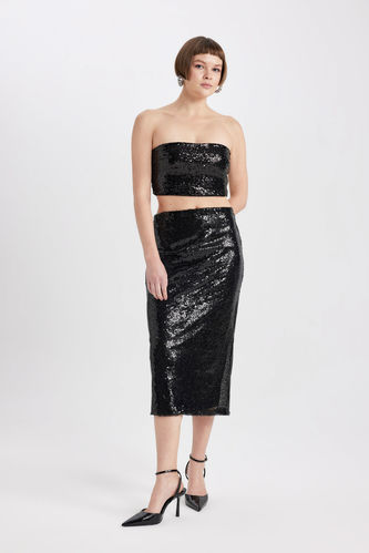 Pencil Skirt Sequined Sequined Fabric Lined Normal Waist Midi Knitted Skirt