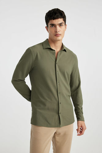 Modern Fit Polo Collar Crinkle Long Sleeve Shirt