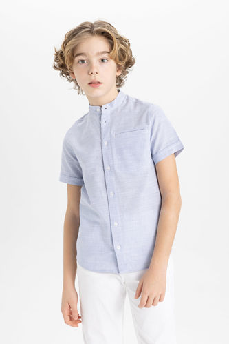 Boy Regular Fit Stand Collar Linen Look Shirt