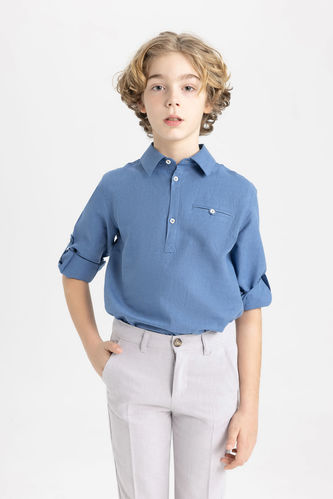 Erkek Çocuk Polo Yaka Jean Görünümlü Uzun Kollu Gömlek