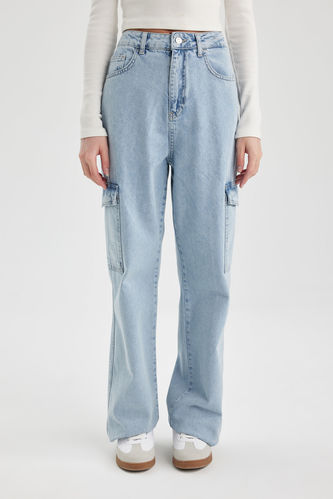 Pantalon Jean Cargo Taille Haute et Jambe Large