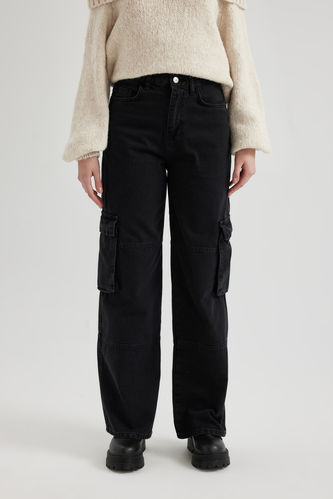 Pantalon Jean Cargo Taille Haute Droit Et Long