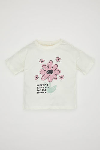 Kız Bebek Bisiklet Yaka Çiçekli Kısa Kollu Tişört