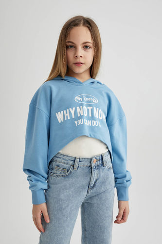 Kız Çocuk Oversize Fit Baskılı Kapüşonlu Crop Sweatshirt