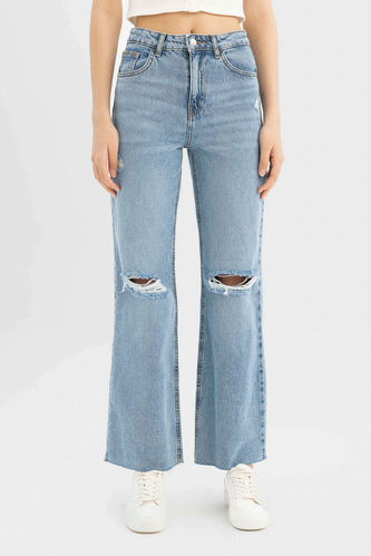 90's Wide Leg Yırtık Detaylı Yüksek Bel Uzun Jean Yıkamalı Pantolon