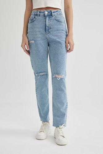 Mary Vintage Straight Fit Yırtık Detaylı Yüksek Bel Paça Ucu Kesik Bilek Boy Jean Yıkamalı Pantolon