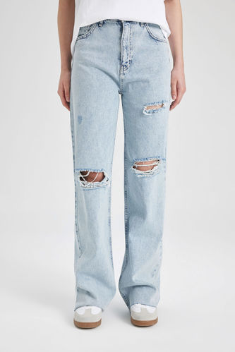 90's Wide Leg Yırtık Detaylı Yüksek Bel Paça Ucu Kesik Uzun Jean Yıkamalı Pantolon