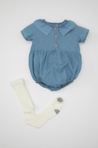 Kız Bebek Yeni Doğan Kısa Kollu Yumuşak Jean Tulum Külotlu Çorap 2'li Takım