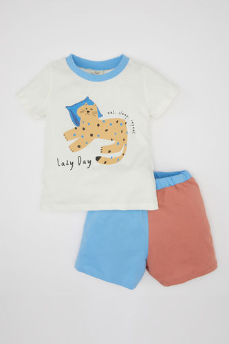 Erkek Bebek Renk Bloklu Penye Kısa Kollu Şortlu Pijama Takımı