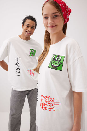 T-Shirt Oversize Unisexe Dos Imprimé Keith Haring à Manches Courtes à Col Rond