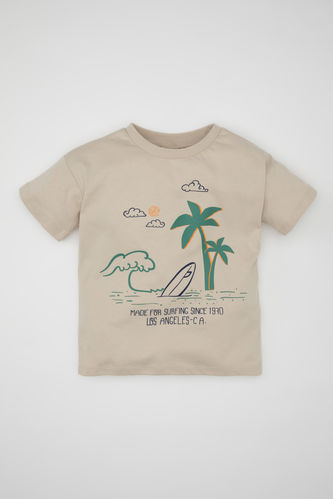 Erkek Bebek Bisiklet Yaka Palmiye Desenli Kısa Kollu Tişört