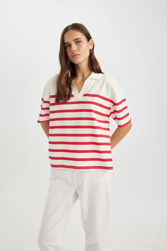 Relax Fit Polo Collar Striped Short Sleeve Polo T-Shirt