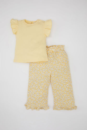 Kız Bebek Çiçekli Krinkıl Viskon Kısa Kollu Tişört Pantolon 2'li Takım