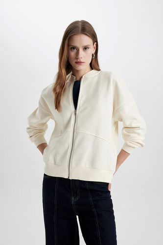 Oversize Fit College Collar Bomber Thick Fabric Cardigan
