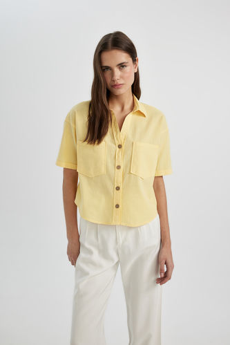 Oversize Fit Gömlek Yaka Keten Karışımlı Kısa Kollu Bluz