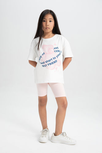 Kız Çocuk Baskılı Kısa Kollu Tişört Tayt 2'li Takım