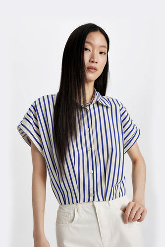 Striped Short Sleeve Poplin Crop Shirt