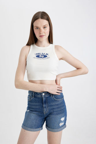 Fitted Printed Crew Neck Ribbed Camisole Crop Top