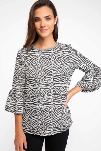 Kolları Volan Detaylı Zebra Desenli Bluz