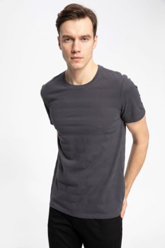 Slim Fit Bisiklet Yaka Basic Kısa Kollu Antrasit Tişört