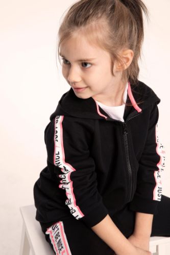 Kapüşonlu Kolları Şeritli Fermuarlı Sweatshirt