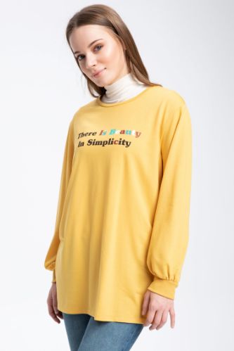 Relax Fit Bisiklet Yaka Slogan Baskılı İnce Sweatshirt Kumaşı Sweat Tunik